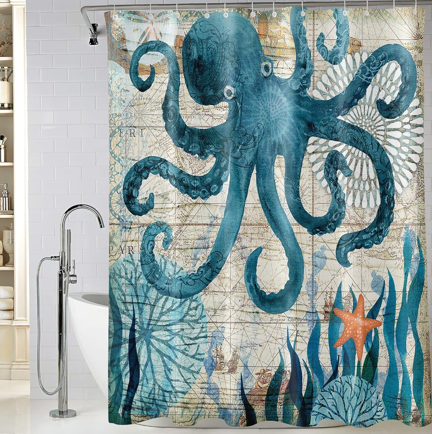 Extra Long Octopus Shower Curtain 72 x 84 Inch, Ocean Themed Shower