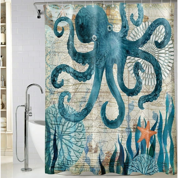 Extra Long Octopus Shower Curtain 72 x 84 Inch, Ocean Themed Shower Curtain for Bathroom Decor, Nautical Fabric Shower Curtain with 12 Hooks