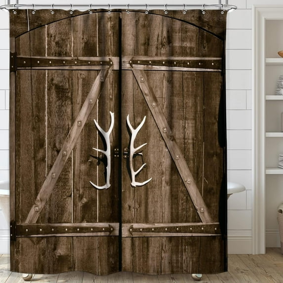 Extra Long Old Barn Door Shower Curtain Rustic Wood Plank Wooden Garage Farmhouse 72Wx84H Inch 12 Pack plastic hooks Vintage Country Decor Fabric Bathroom Polyester Waterproof WW-YMDV