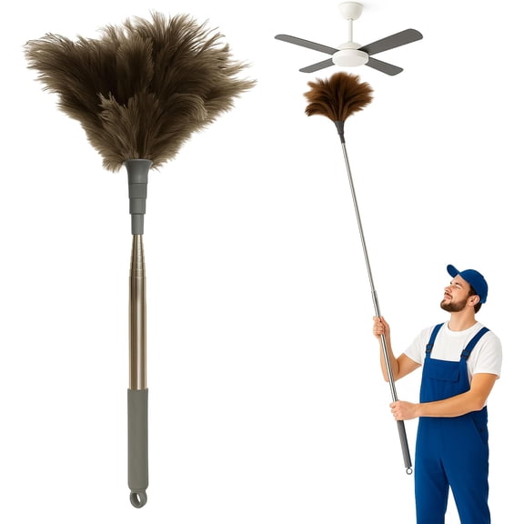 Extra Long Ostrich Feather Duster  79" (2 m) Extendable Telescopic Handle, Natural Soft Feather Brush, Durable Reusable Cleaning Tool for Ceiling Fans, High Shelves, Furniture, Delicate Surfaces