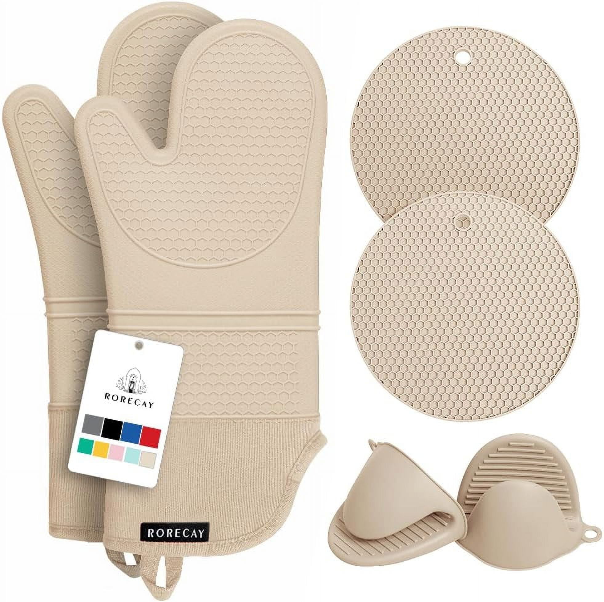Extra Long Oven Mitts and Pot Holders Sets, RORECAY Heat Resistant Silicone Oven Mittens with Mini Oven Gloves and Hot Pads Potholders for Kitchen Baking Cooking, Quilted Liner, Milkshake, Pack of 6 - Walmart.com