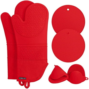 Extra Long Oven Mitts and Pot Holders Sets, RORECAY Heat Resistant Silicone Oven Mittens with Mini Oven Gloves and Hot Pads Potholders for Kitchen Baking Cooking, Quilted Liner, Red, Pack of 6