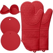 Oven Mitts and Pot Holders Sets,6pcs Pot Holders and Oven Mitts Heat Resistant, Non-Slip Silicone Mini Oven Gloves and Hot Pads for Kitchen,15" Extra Long Oven Gloves for Cooking,Red