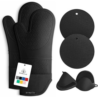 Extra Long Oven Mitts and Pot Holders Sets, RORECAY Heat Resistant Silicone Oven Mittens with Mini Oven Gloves and Hot Pads Potholders for Kitchen Baking Cooking, Quilted Liner, Black, Pack of 6