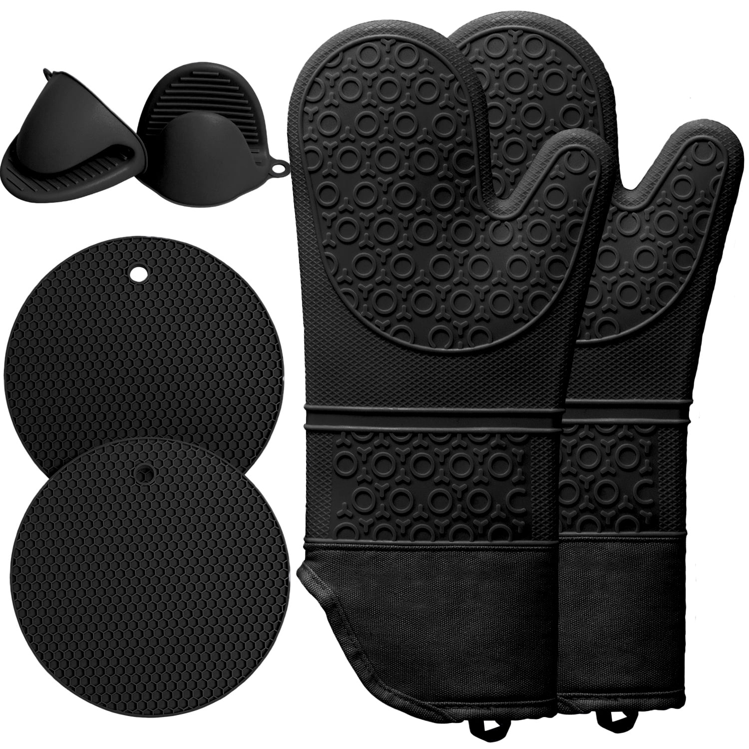 Oven Mitts and Pot Holders Sets,6pcs Pot Holders and Oven Mitts Heat Resistant, Non-Slip Silicone Mini Oven Gloves and Hot Pads for Kitchen,15" Extra Long Oven Gloves for Cooking,Black