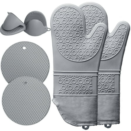 Oven Mitts and Pot Holders Sets,6pcs Pot Holders and Oven Mitts Heat Resistant, Non-Slip Silicone Mini Oven Gloves and Hot Pads for Kitchen,15" Extra Long Oven Gloves for Cooking,Gray