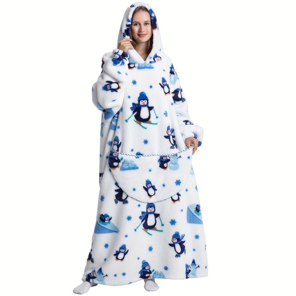 Extra Long Oversized Wearable Blanket Hoodie - Super Warm Fleece Flannel w/Giant Pocket Pizza Print Gift for Women Men Mom
