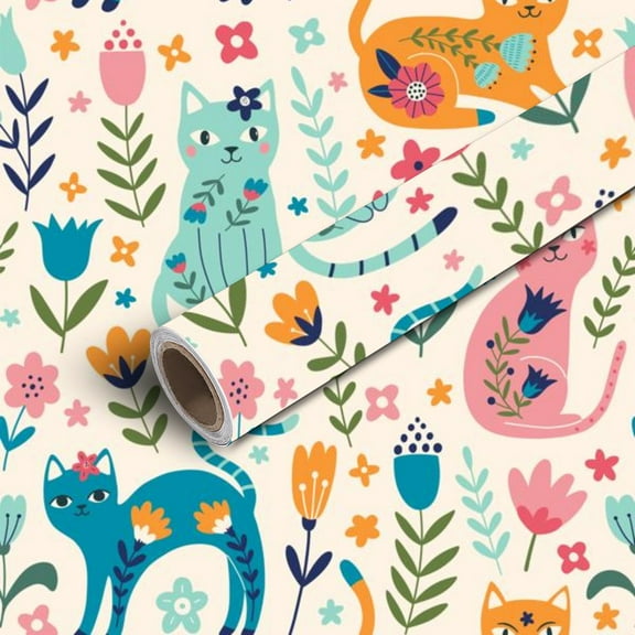 Extra Long Peel and Stick Wallpaper - Self-Adhesive Removable with Cute Cats Floral Patterns in Pastel Colors