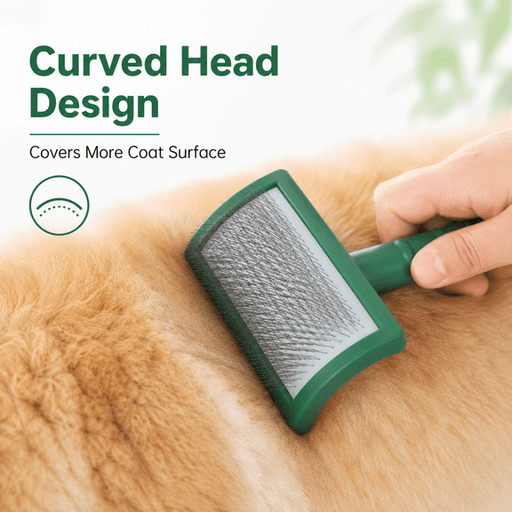 Extra Long Pin Slicker Brush for Dogs and Cats, 0.78 in Stainless Steel Pins, Curved Pet Grooming Brush for Long Hair, Double Coats, Mats and Loose Fur, Green, Small