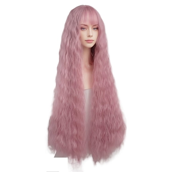 Extra Long Pink Water Wave Wig with Bangs - Heat Resistant Synthetic Curly Hair for Cosplay and Events