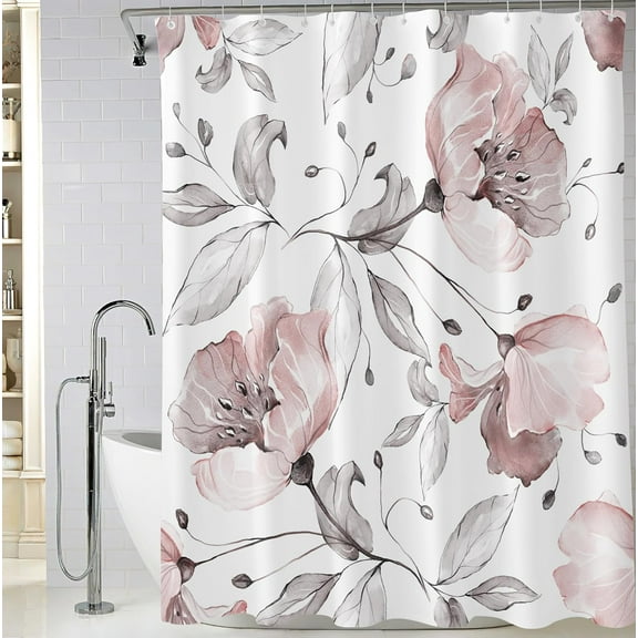 Extra Long Pink and White Floral Shower Curtain 72 x 84 Inch, Watercolor Flower Bathroom Shower Curtain, Fabric Waterproof Shower Curtain with 12 Hooks