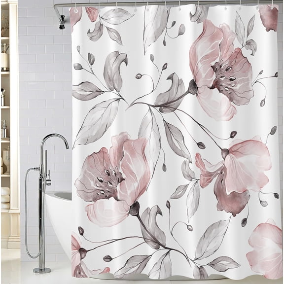 Extra Long Pink and White Floral Shower Curtain 72 x 84 Inch, Waterproof Fabric Watercolor Flower Bathroom Shower Curtain with Hooks