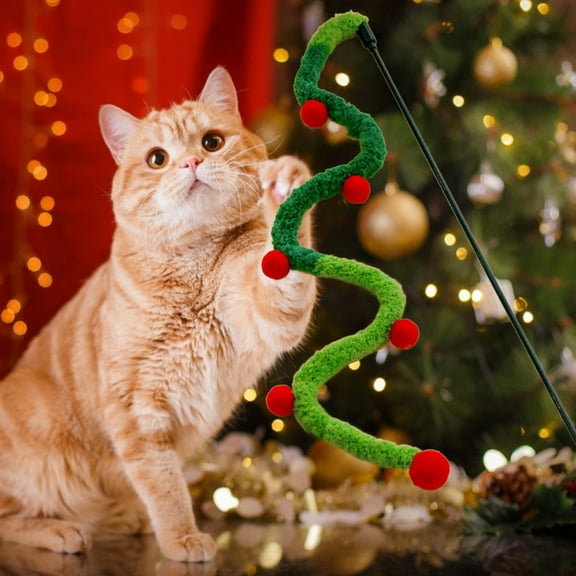 Extra Long Plush Cat Teaser Wand - Christmas Themed Tassels & Pom Poms, 55cm/21.65in Polyester Toy for Kittens, Promotes Dental Health, 1pc