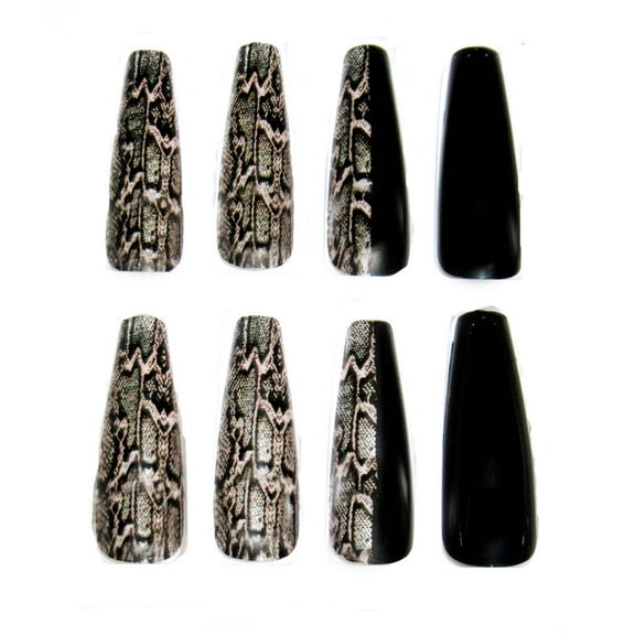 Extra Long Press-On Nails, Coffin Shape, Black Animal Print, 15 Pieces