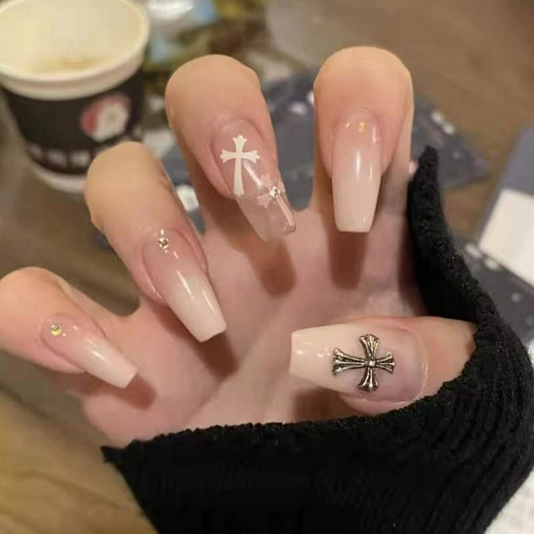 Extra Long Press on Nails,Glossy Ballets Coffin Gradient White Pink Fake  Nails with Cross Design,Acrylic Full Cover Gel Nails and Glue Kits,24 Pcs 