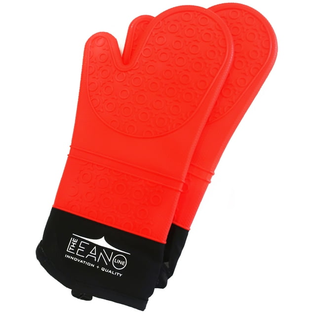 Extra Long Red Silicone Insulated Pair of Oven Mitts for Cooking