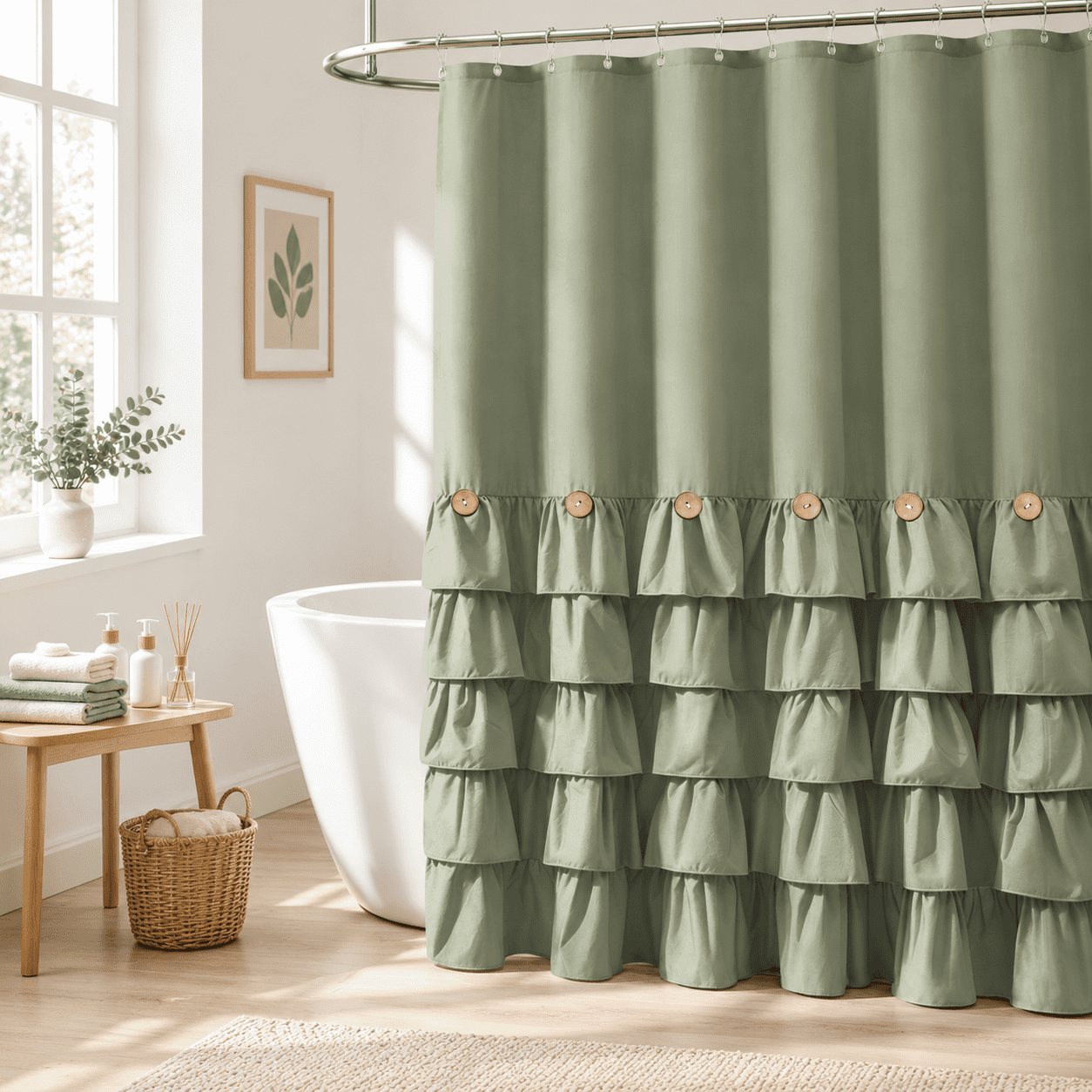 Extra Long Ruffle Farmhouse Cloth Shower Curtain Set 72x96 Green ...