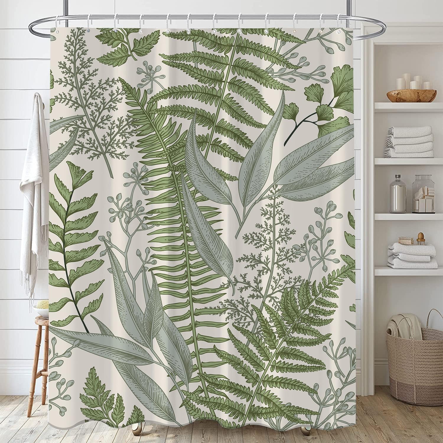 Extra Long Sage Green Leaves Shower Curtain, Tall Plant Bathroom Shower ...