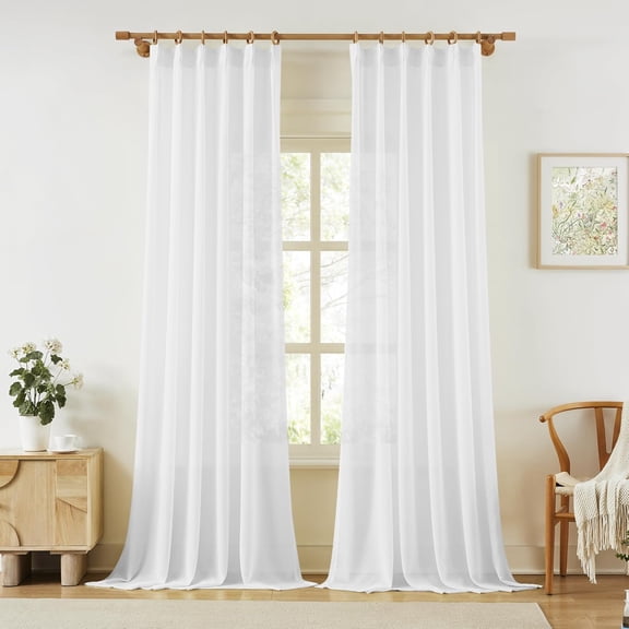 Extra Long Sheer Curtains 132 Inch, Pinch Pleated Tree Branch Textured, Sweep to Floor, White, 2 Panels, 42x132 Inches