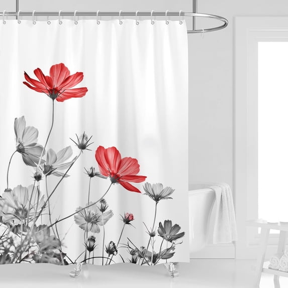 Extra Long Shower Curtain 72''''W x 84''''L Red Gray Flower White Grey Daisy Floral Ink Painting Botanical Simple Elegance Bathroom Curtains Polyester Fabric 12 Pack Plastic Hooks