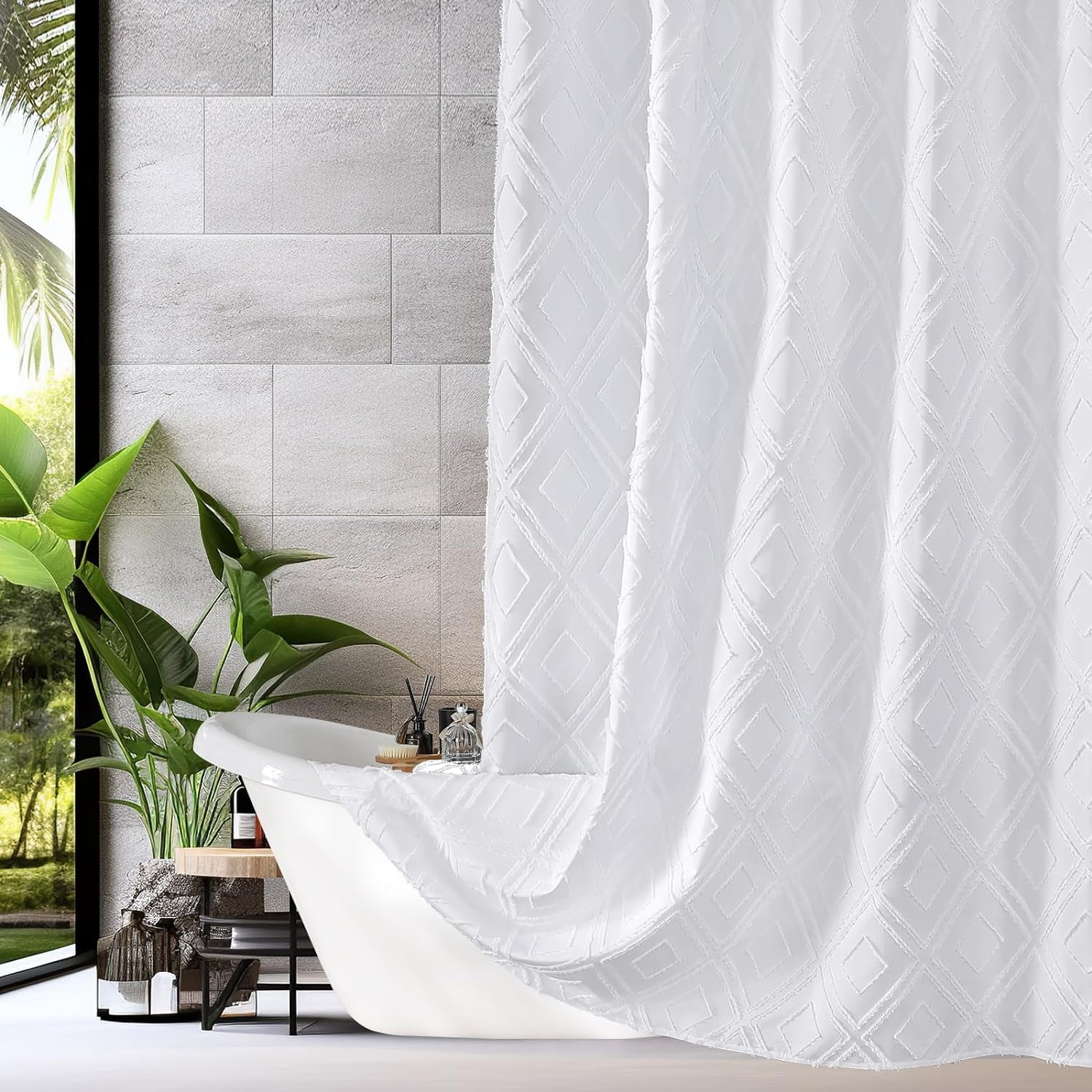 Extra Long Shower Curtain 72 X 84, White Tufted Textured Soft Fabric ...