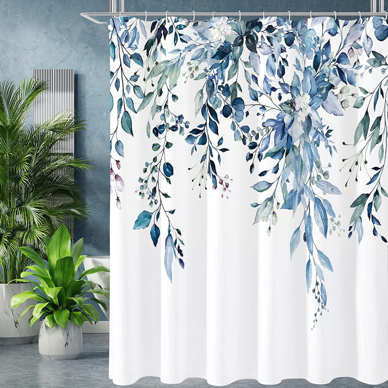 Extra Long Shower Curtain 72 x 84, Blue Floral Shower Curtain for Bathroom, Watercolor Plant Eucalyptus Leaves Fabric Shower Curtain Set with Hooks