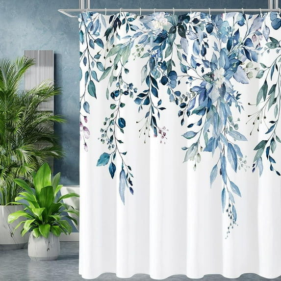 Extra Long Shower Curtain 72 x 84, Blue Floral Shower Curtain for Bathroom, Watercolor Plant Eucalyptus Leaves Fabric Shower Curtain Set with Hooks