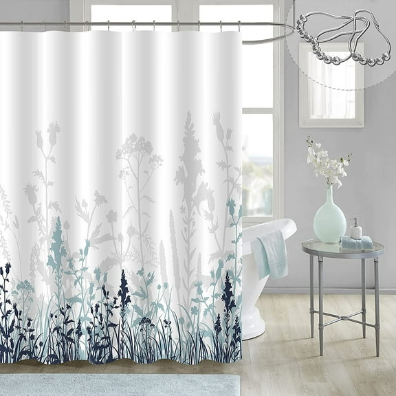 Extra Long Shower Curtain 72 x 84, Blue Grey Fabric Shower Curtains for Bathroom, Abstract Plant Flower Leaves Shadow White Background Botanical Shower Curtain Set with Hooks