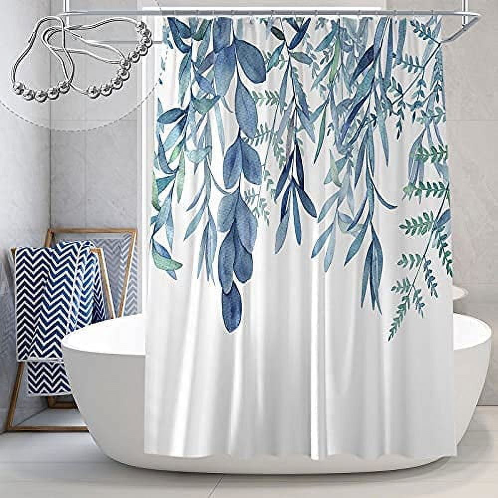 Blue Leaf Stall Shower Curtain 36W x 72L Inches Botanical Plant Leaves  Waterproof Polyester Fabric Small Half Single Cute Aesthetic Shower Curtain  Bathroom Bathtubs Decor with Hooks 