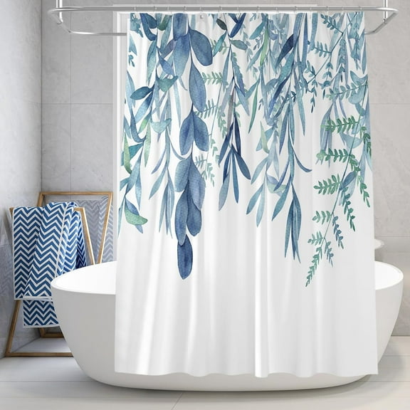 Extra Long Shower Curtain 72 x 84, Blue Tall Shower Curtain, Spring Eucalyptus Plant Leaves Fabric Shower Curtain, Watercolor Floral Botanical Nature Aesthetic Shower Curtain
