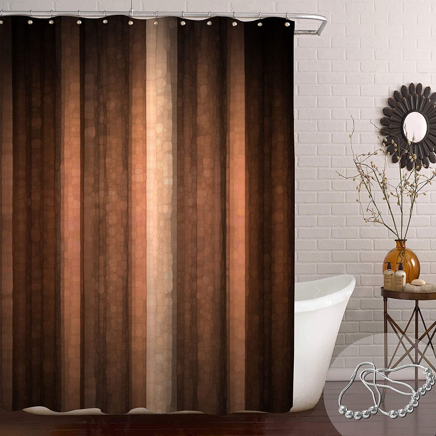 Extra Long Shower Curtain 72 x 84, Brown Orange Copper and Pale Peach Abstract Shower Curtain, Cool Glass Texture and Vintage Stripe Art Bath Curtain Waterproof Fabric for Brown Bathroom Decor