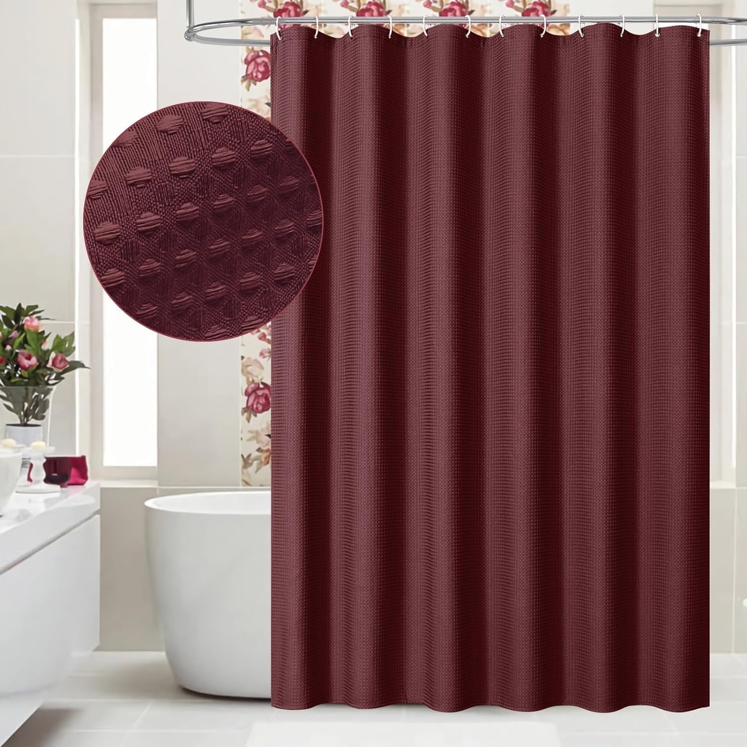 Extra Long Shower Curtain 72 x 84, Burgundy 84 inch XL Waffle Fabric ...