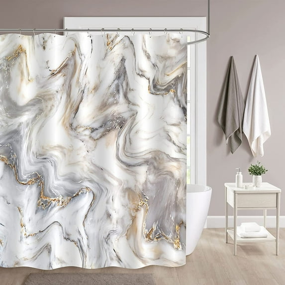Extra Long Shower Curtain 72 x 84, Grey Gold 84 inch Shower Curtain Set with Hooks, Modern Marble Abstract XL Shower Curtain for Bathroom Decor, Luxury Washable Fabric Shower Curtain