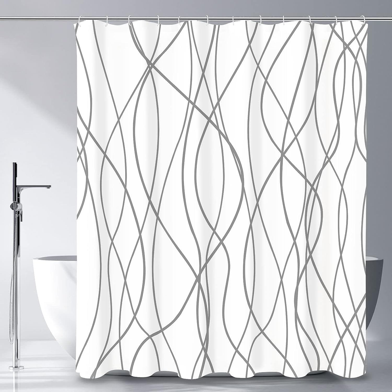 Extra Long Shower Curtain 72 x 84, Grey White Striped Fabric Shower Curtain, Modern Minimalist Bathroom Curtain Shower Set with Hooks