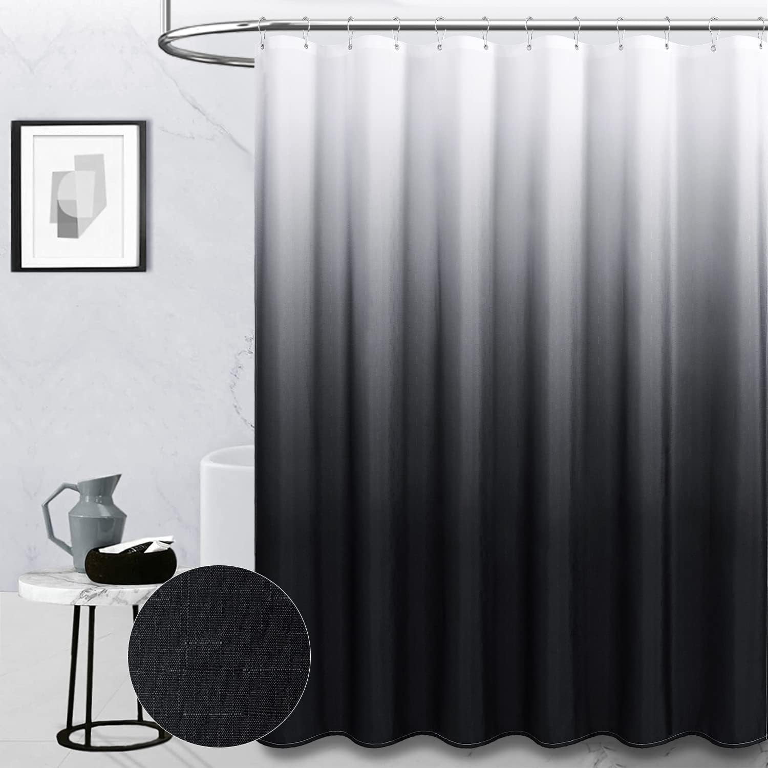 Extra Long Shower Curtain, 72 x 84 Inch Long Ombre Linen Textured Weighted Fabric Shower Curtain Set with Plastic Hooks, Large Hotel Spa Luxury Decorative Cloth Shower Curtain for Bathroom, Black