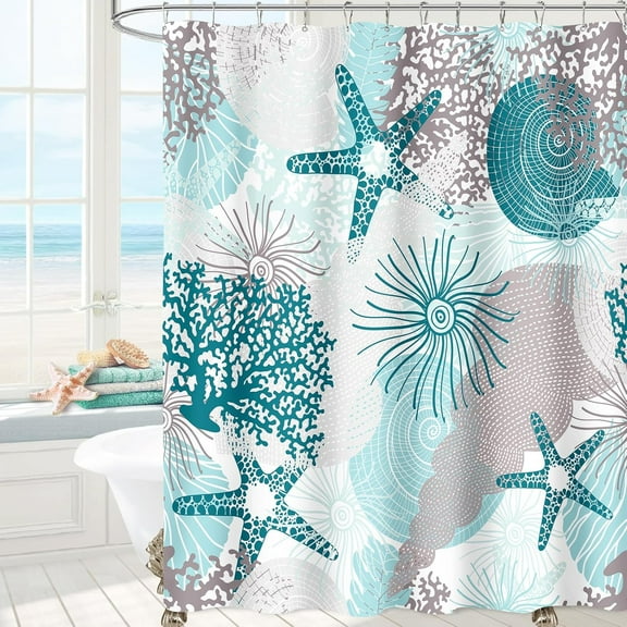 Extra Long Shower Curtain 72 x 84 Inch, Tall Beach Ocean Themed Fabric Shower Curtain, Summer Tropical Seashell Starfish Coral Nautical Coastal Shower Curtains for Bathroom Decor, Teal Blue