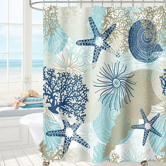 Extra Long Shower Curtain 72 x 84 Inch, Tall Beach Ocean Themed Fabric Shower Curtains for Bathroom, Summer Tropical Seashell Starfish Coral Nautical Coastal Shower Curtain, Teal Blue