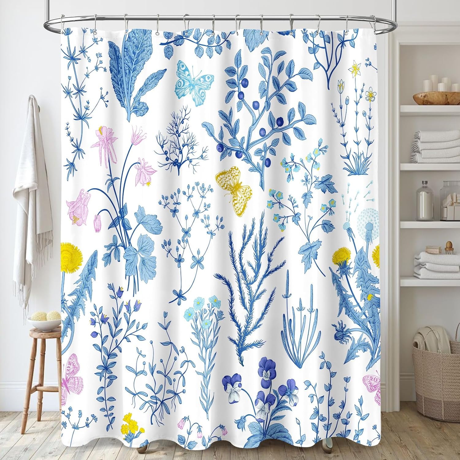 Extra Long Shower Curtain 72 x 84 Inch, Tall Blue Floral Fabric Shower Curtain, Cute Botanical Herbs Flower Butterfly Aesthetic Bathroom Shower Curtain Set with Hooks