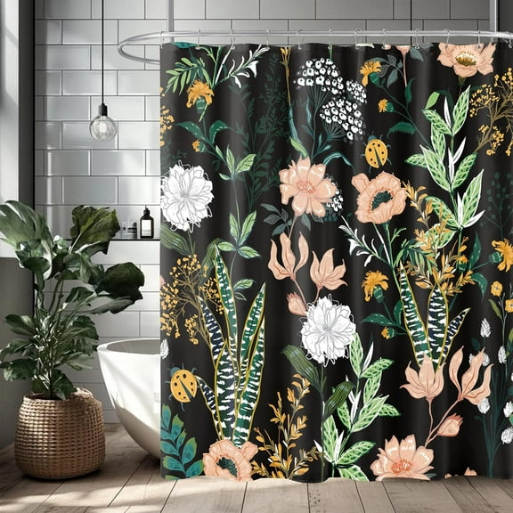Extra Long Shower Curtain 72 x 84 Inch, Tall Boho Floral Shower Curtain for Bathroom, Tropical Leaves Flower Plant Cute Fabric Shower Curtain Set with Hooks, Black