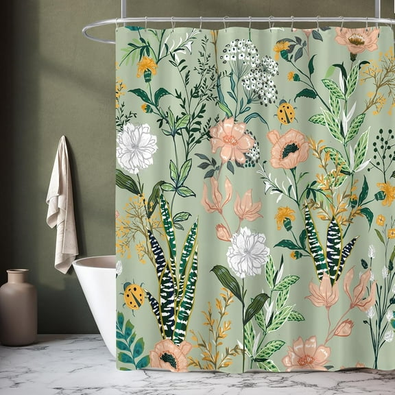 Extra Long Shower Curtain 72 x 84 Inch, Tall Boho Floral Shower Curtain for Bathroom, Tropical Leaves Flower Plant Cute Fabric Shower Curtain Set with Hooks, Sage Green