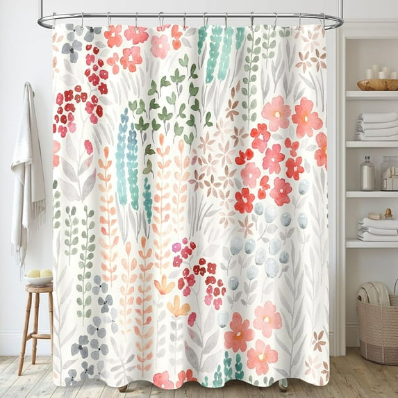 Extra Long Shower Curtain 72 x 84 Inch, Tall Cute Floral Shower Curtain for Bathroom, Retro Red Teal Wildflower Boho Cottagecore Fabric Shower Curtain Set with Hooks