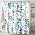 thumbnail image 1 of Extra Long Shower Curtain 72 x 84 Inch, Tall Teal Floral Fabric Shower Curtain, Cute Botanical Herbs Flower Butterfly Aesthetic Bathroom Shower Curtain Set with Hooks, 1 of 6