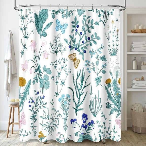 Extra Long Shower Curtain 72 x 84 Inch, Tall Teal Floral Fabric Shower Curtain, Cute Botanical Herbs Flower Butterfly Aesthetic Bathroom Shower Curtain Set with Hooks