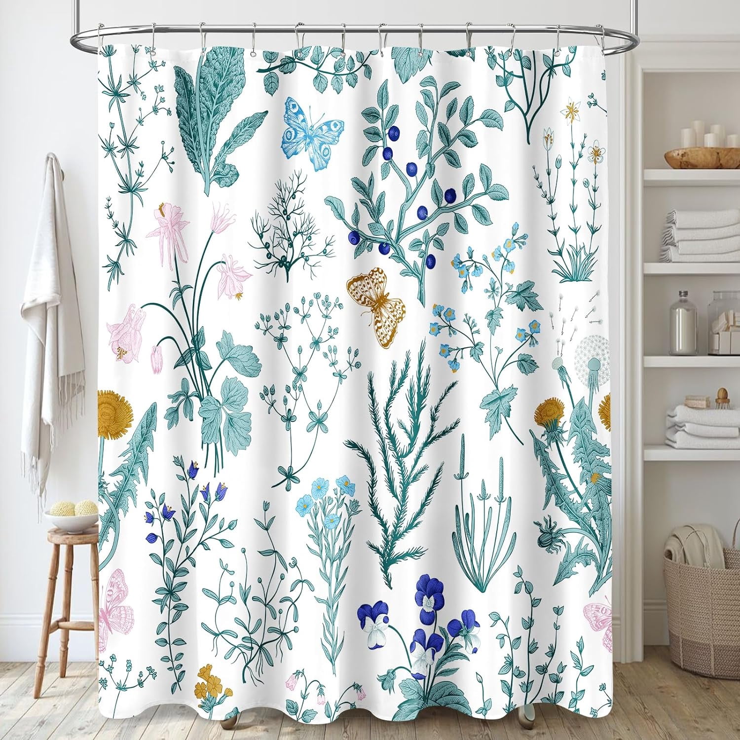 Extra Long Shower Curtain 72 x 84 Inch, Tall Teal Floral Fabric Shower