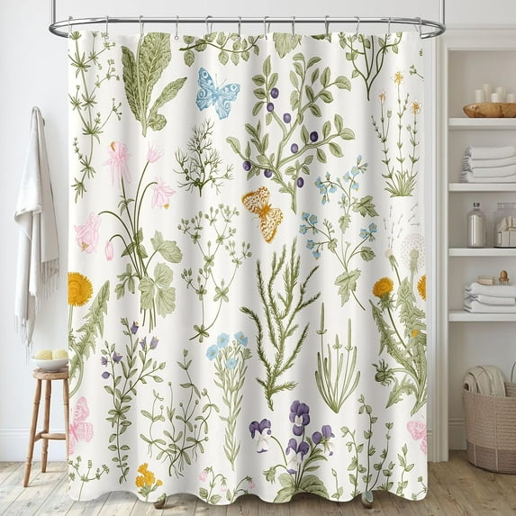 Extra Long Shower Curtain 72 x 84 Inch, Tall Vintage Botanical Fabric Shower Curtain, Sage Green Beige Cute Boho Floral Aesthetic Bathroom Shower Curtain Set with Hooks