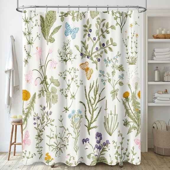 Extra Long Shower Curtain 72 x 84 Inch, Tall Vintage Botanical Fabric Shower Curtain, Sage Green Beige Cute Boho Floral Aesthetic Bathroom Shower Curtain Set with Hooks