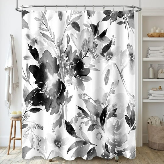 Extra Long Shower Curtain 72 x 84 Inch, Tall Watercolor Floral Fabric Shower Curtain, Black and White Modern Abstract Flower Bathroom Shower Curtain Set with Hooks
