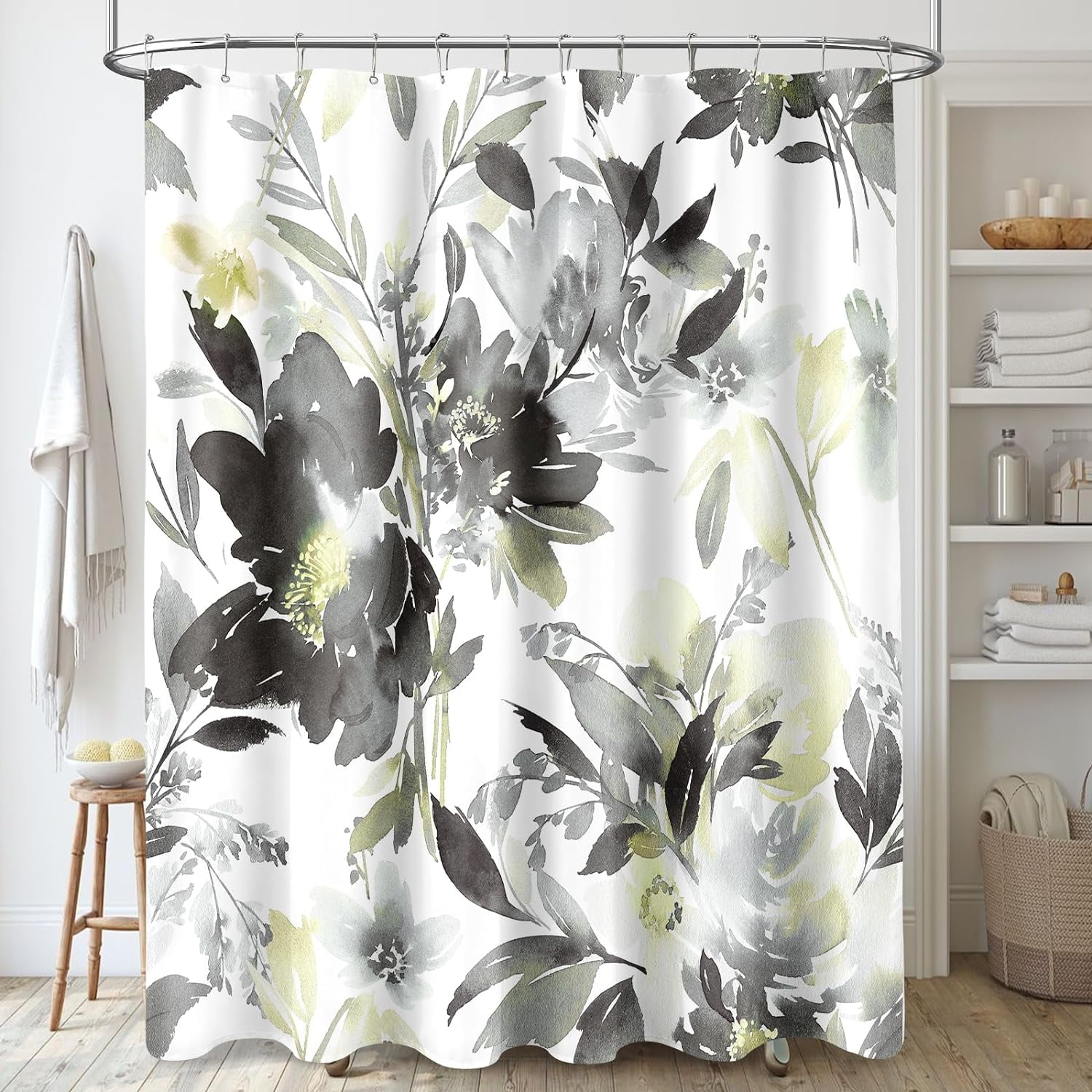 Extra Long Shower Curtain 72 x 84 Inch, Tall Watercolor Floral Fabric Shower Curtain, Grey Modern Abstract Flower Bathroom Shower Curtain Set with Hooks