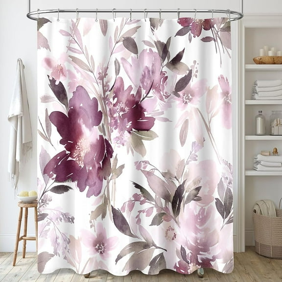 Extra Long Shower Curtain 72 x 84 Inch, Tall Watercolor Floral Fabric Shower Curtain, Modern Mauve Flower Bathroom Shower Curtain Set with Hooks