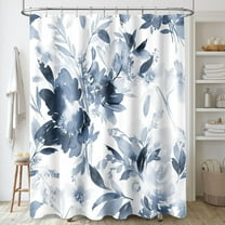Extra Long Shower Curtain 72 x 84 Inch, Tall Watercolor Floral Fabric Shower Curtain, Modern Navy Blue Flower Bathroom Shower Curtain Set with Hooks